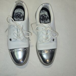 G/FORE Gallavanter Cap Toe White with Silver Leather Golf Shoes Wingtip Oxford